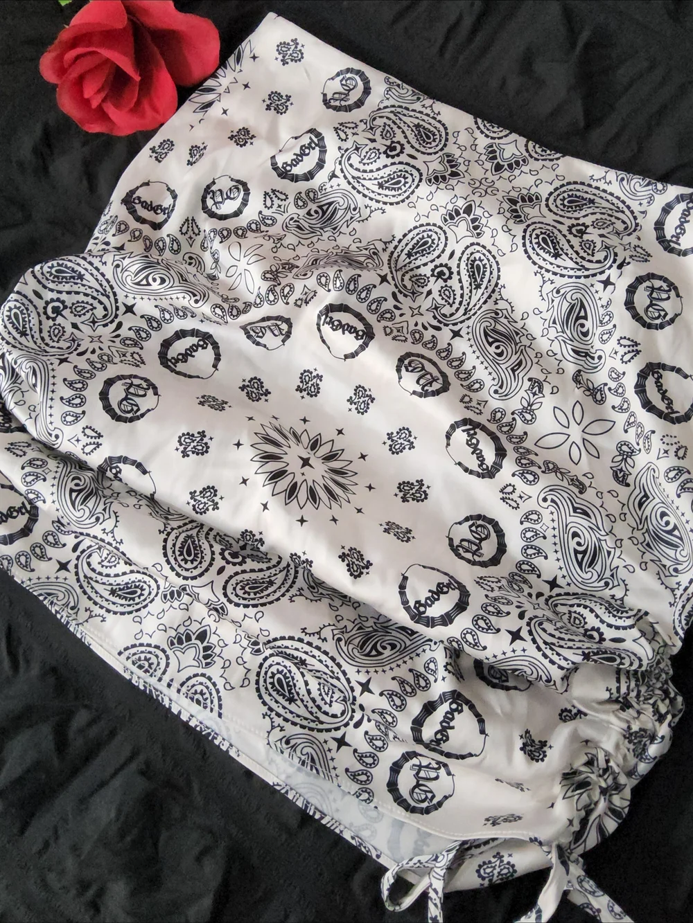 Dolls Kill Black and White Paisley Drawstring Mini Skirt